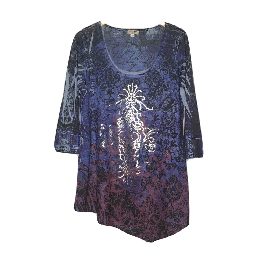 One World Tunic Blouse Top Sz XL Pull Over Asymmetric Hem 3/4th Sleeve Burnout